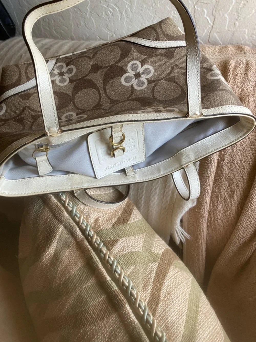 Coach Beige and White Signature Canvas Tote - Picture 6 of 7